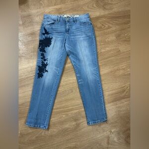 Vintage America Blue Straight Leg Jeans with Black Floral Design